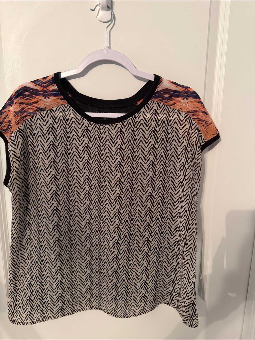Sanctuary Black and White Chevron Print Tee with Orange Accent Shoulders